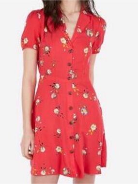 New Express Red Floral Daisy V-Neck Dress Women's Size Small NWT